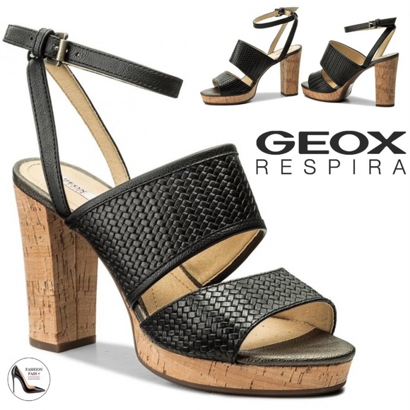 Geox Mauvelle Black Leather ankle strap block heel sandal platform dress shoes 8 - Picture 1 of 12